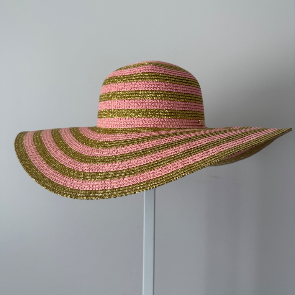 Juicy Coutureâ OS Pink Gold Stripe Straw Sun Hat Wide Brim Metallic Logo Beach